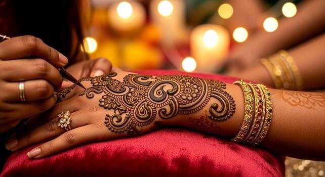 Traditional bridal mehendi being applied during a wedding ceremony
